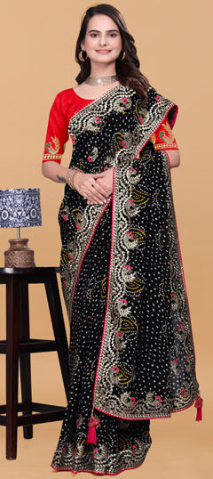 Black and Grey color Saree in Georgette fabric with Bandhej, Embroidered, Printed work