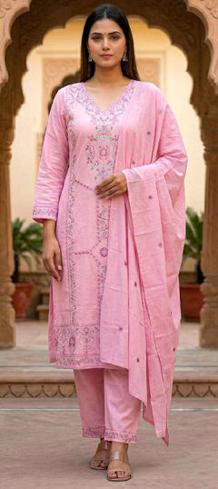 Pink and Majenta color Salwar Kameez in Cotton fabric with Embroidered work