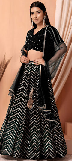 Black and Grey color Lehenga in Georgette fabric with Embroidered, Sequence, Thread, Zari work