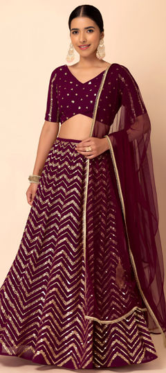 Red and Maroon color Lehenga in Georgette fabric with Embroidered, Sequence, Thread, Zari work