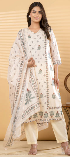 Beige and Brown color Salwar Kameez in Kota Doria Silk fabric with Bugle Beads, Cut Dana, Printed work