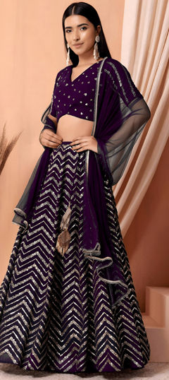 Purple and Violet color Lehenga in Georgette fabric with Embroidered, Sequence, Thread, Zari work