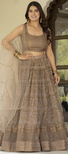 Beige and Brown color Lehenga in Net fabric with Sequence work