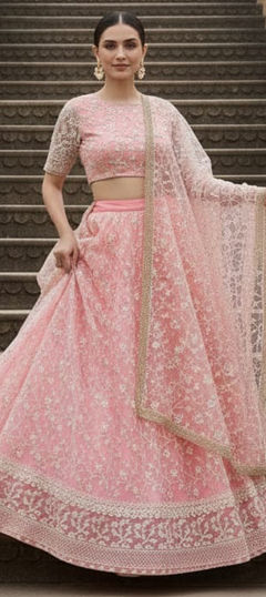Pink and Majenta color Lehenga in Net fabric with Sequence work