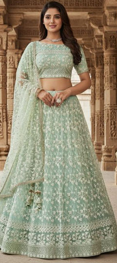 Green color Lehenga in Net fabric with Sequence work