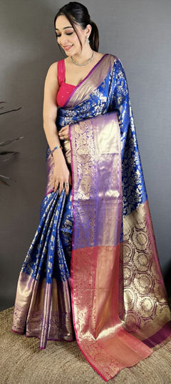 Blue color Saree in Kanjeevaram Silk fabric with Weaving work