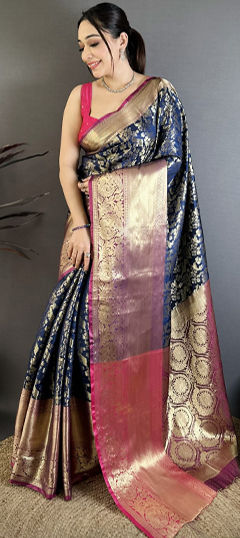 Blue color Saree in Kanjeevaram Silk fabric with Weaving work