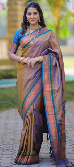 Beige and Brown color Saree in Silk fabric with Weaving work