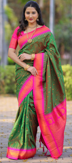 Green color Saree in Silk fabric with Weaving work