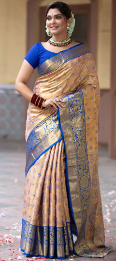 Blue, Pink and Majenta color Saree in Kanjeevaram Silk fabric with Weaving work