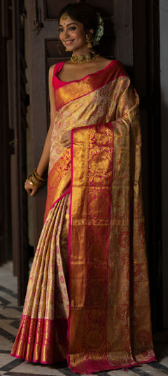 Red and Maroon, White and Off White color Saree in Kanjeevaram Silk fabric with Weaving work