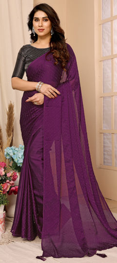 Purple and Violet color Saree in Chiffon, Satin Silk fabric with Stone work