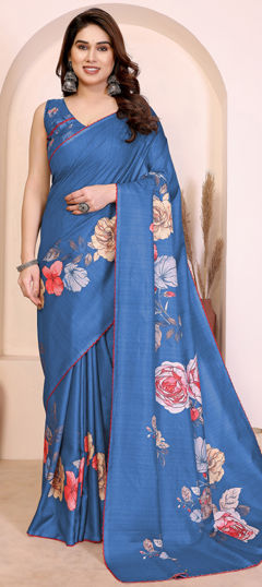 Blue color Saree in Art Silk fabric with Digital Print, Floral work