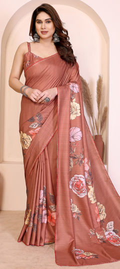 Beige and Brown color Saree in Art Silk fabric with Digital Print, Floral work