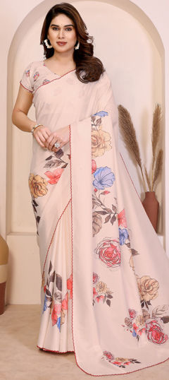 White and Off White color Saree in Art Silk fabric with Digital Print, Floral work