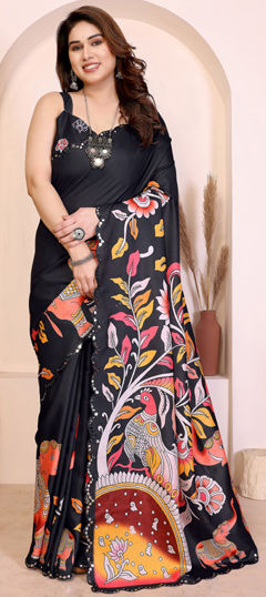 Black and Grey color Saree in Silk fabric with Digital Print, Mirror work