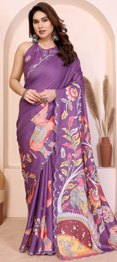 Purple and Violet color Saree in Silk fabric with Digital Print, Mirror work