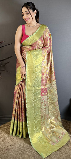 Pink and Majenta color Saree in Kanjeevaram Silk fabric with Weaving work