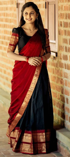 Black and Grey color Lehenga in Kanjeevaram Silk fabric with Weaving, Zari work