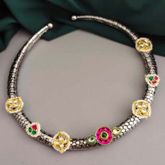 Gold and Silver Rodium Polish Pink and Majenta color Necklace in Brass studded with Kundan