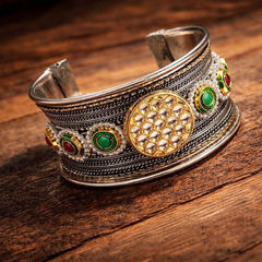Silver Rodium Polish Green, Red and Maroon color Bracelet in Brass studded with Beads