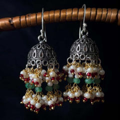 Silver Rodium Polish Multicolor color Earrings in Brass studded with Beads