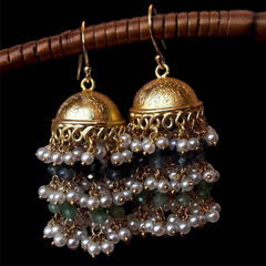Gold Rodium Polish Green color Earrings in Brass studded with Beads, CZ Diamond