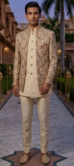 White and Off White color Jodhpuri Suit in Silk fabric with Embroidered, Sequence, Thread work