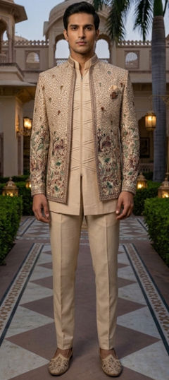 Beige and Brown color Jodhpuri Suit in Silk fabric with Embroidered, Sequence, Thread work