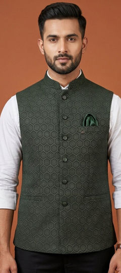 Red and Maroon color Nehru Jacket in Silk fabric with Weaving work