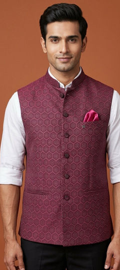Green color Nehru Jacket in Silk fabric with Weaving work