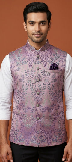 Pink and Majenta color Nehru Jacket in Silk fabric with Printed work