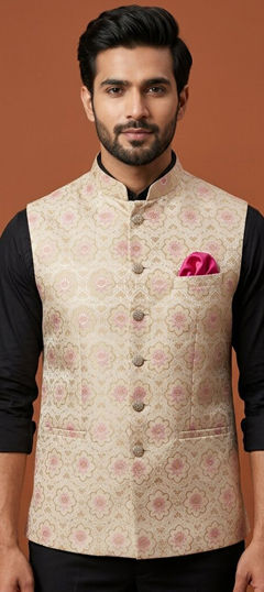 White and Off White color Nehru Jacket in Silk fabric with Weaving work