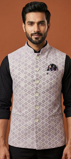 Purple and Violet color Nehru Jacket in Silk fabric with Weaving work