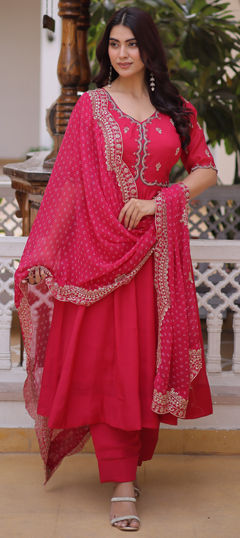 Pink and Majenta color Salwar Kameez in Mul Chanderi fabric with Bugle Beads, Embroidered, Thread work