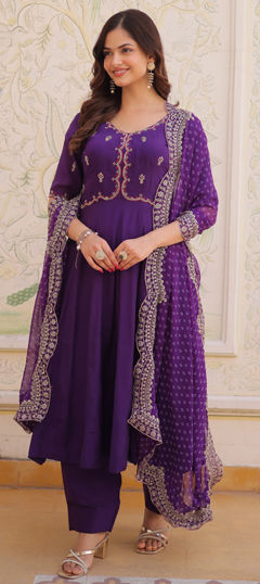 Purple and Violet color Salwar Kameez in Mul Chanderi fabric with Bugle Beads, Embroidered, Thread work