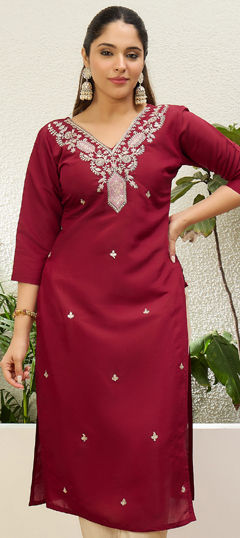 Red and Maroon color Kurti in Blended fabric with Embroidered work