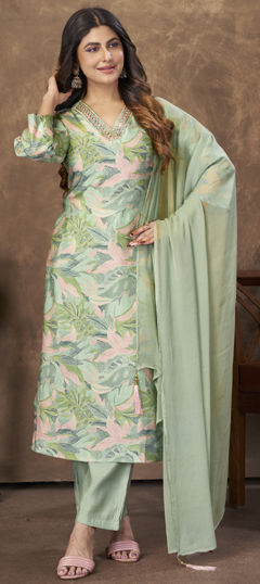Green color Salwar Kameez in Chanderi Silk fabric with Embroidered, Floral, Mirror, Printed work
