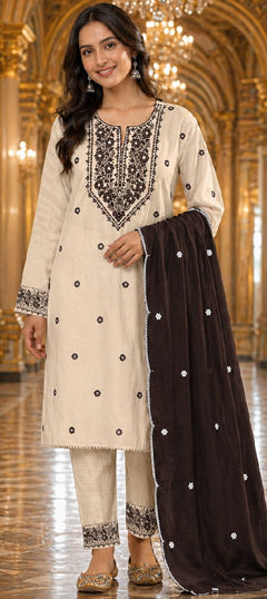 Beige and Brown color Salwar Kameez in Cotton fabric with Embroidered, Sequence, Thread work