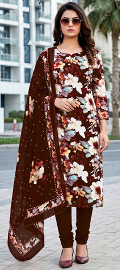 Red and Maroon color Salwar Kameez in Crepe Silk fabric with Digital Print, Floral work