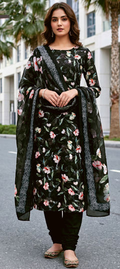 Black and Grey color Salwar Kameez in Crepe Silk fabric with Digital Print, Floral work