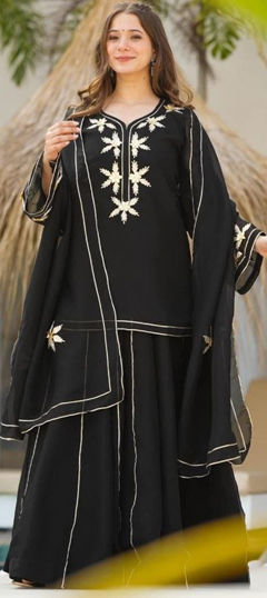 Black and Grey color Salwar Kameez in Chiffon fabric with Embroidered work
