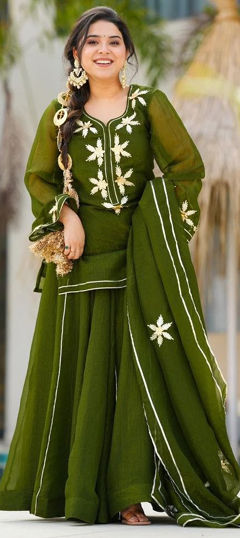 Green color Salwar Kameez in Chiffon fabric with Embroidered work