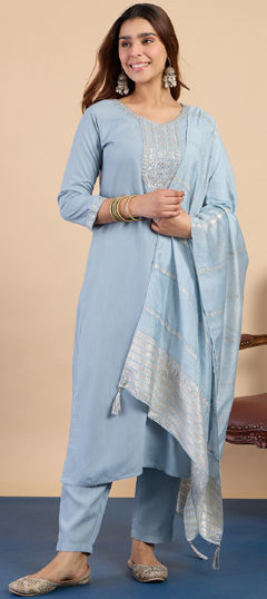 Black and Grey color Salwar Kameez in Blended Cotton fabric with Embroidered work