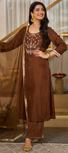 Beige and Brown color Salwar Kameez in Silk fabric with Embroidered, Thread work