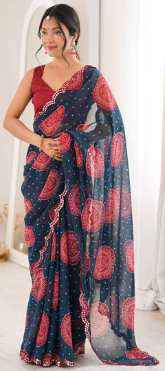 Blue color Saree in Georgette fabric with Bandhej, Mirror, Printed work