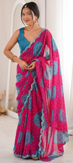 Pink and Majenta color Saree in Georgette fabric with Bandhej, Mirror, Printed work