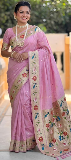 Pink and Majenta color Saree in Silk fabric with Printed, Weaving work