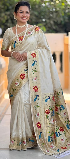 White and Off White color Saree in Silk fabric with Printed, Weaving work