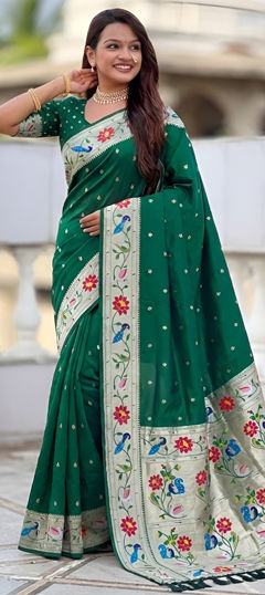 Green color Saree in Silk fabric with Printed, Weaving work